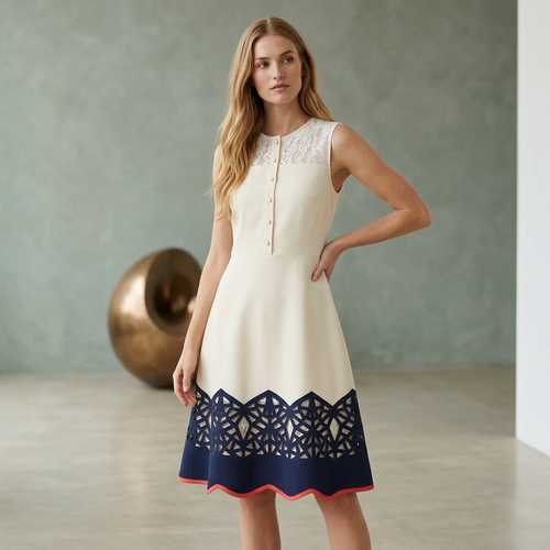 Cream Lace-Yoke A-Line Dress with Geometric Cutout Hem