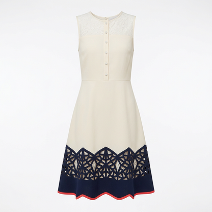 Cream Lace-Yoke A-Line Dress with Geometric Cutout Hem