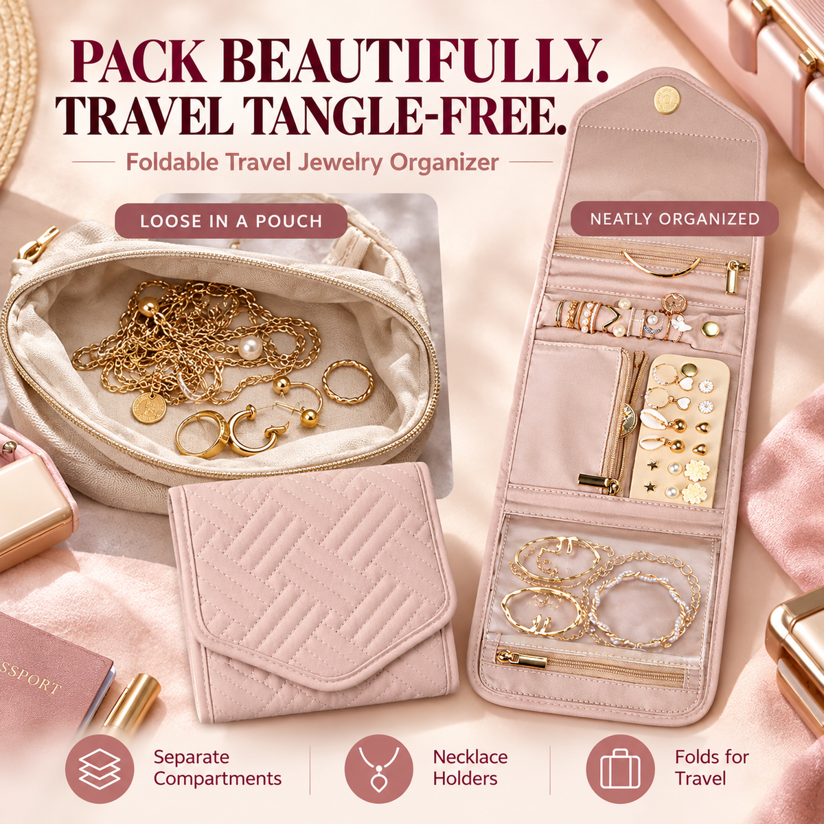Travel Jewelry Organizer， Case Foldable Jewelry Roll