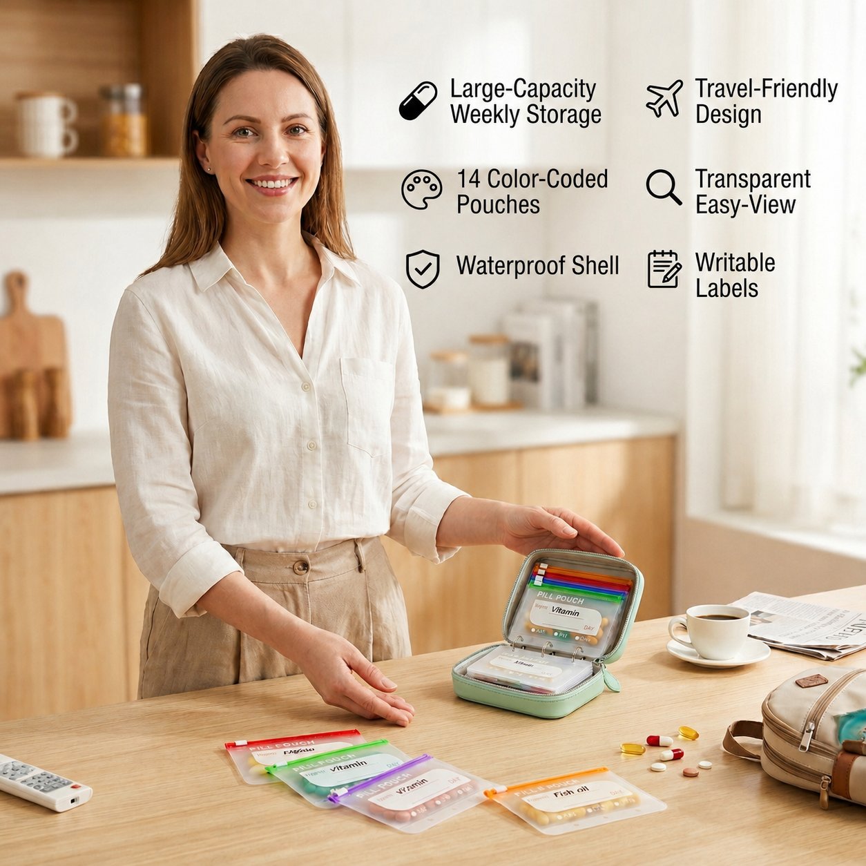 Reusable binder-style medicine pouch organizer