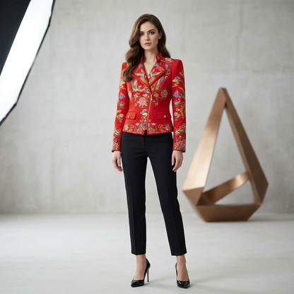 Statement Red Embroidery Blazer Jacket with Zipper Closure