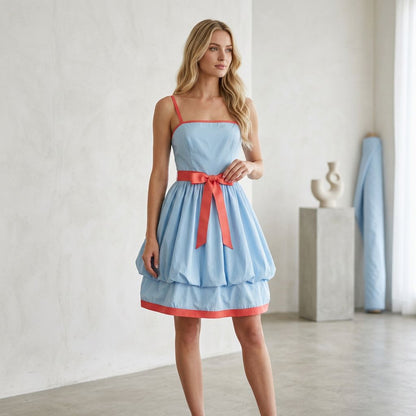 Retro Contrast-Trim Cami Dress with Ribbon Waist Tie