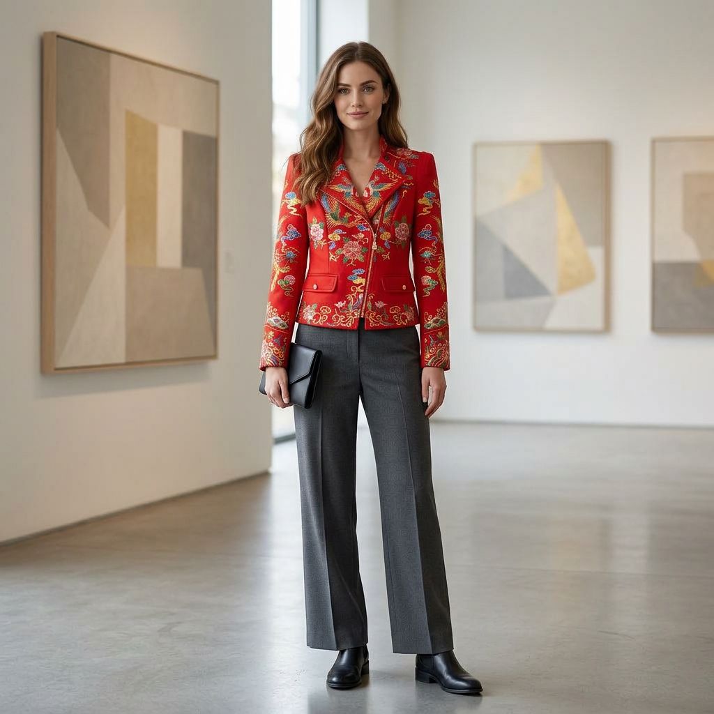 Statement Red Embroidery Blazer Jacket with Zipper Closure