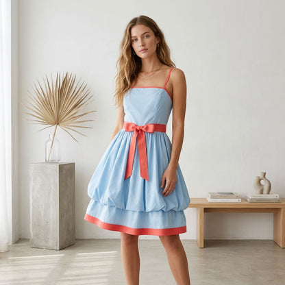 Retro Contrast-Trim Cami Dress with Ribbon Waist Tie