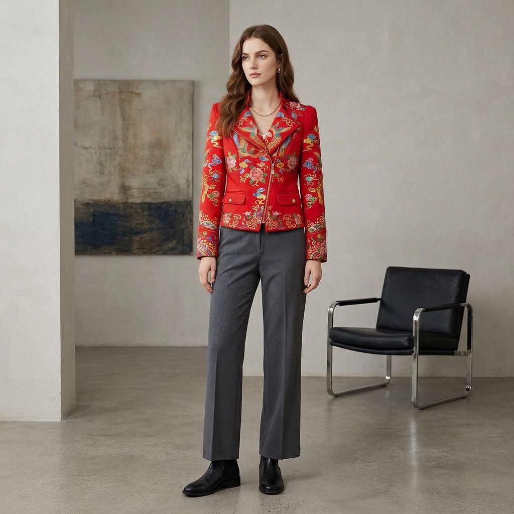 Statement Red Embroidery Blazer Jacket with Zipper Closure