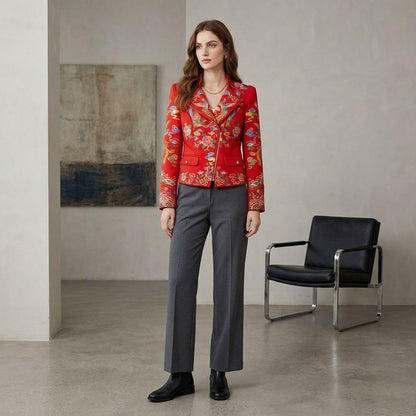 Statement Red Embroidery Blazer Jacket with Zipper Closure