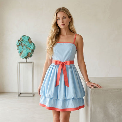 Retro Contrast-Trim Cami Dress with Ribbon Waist Tie