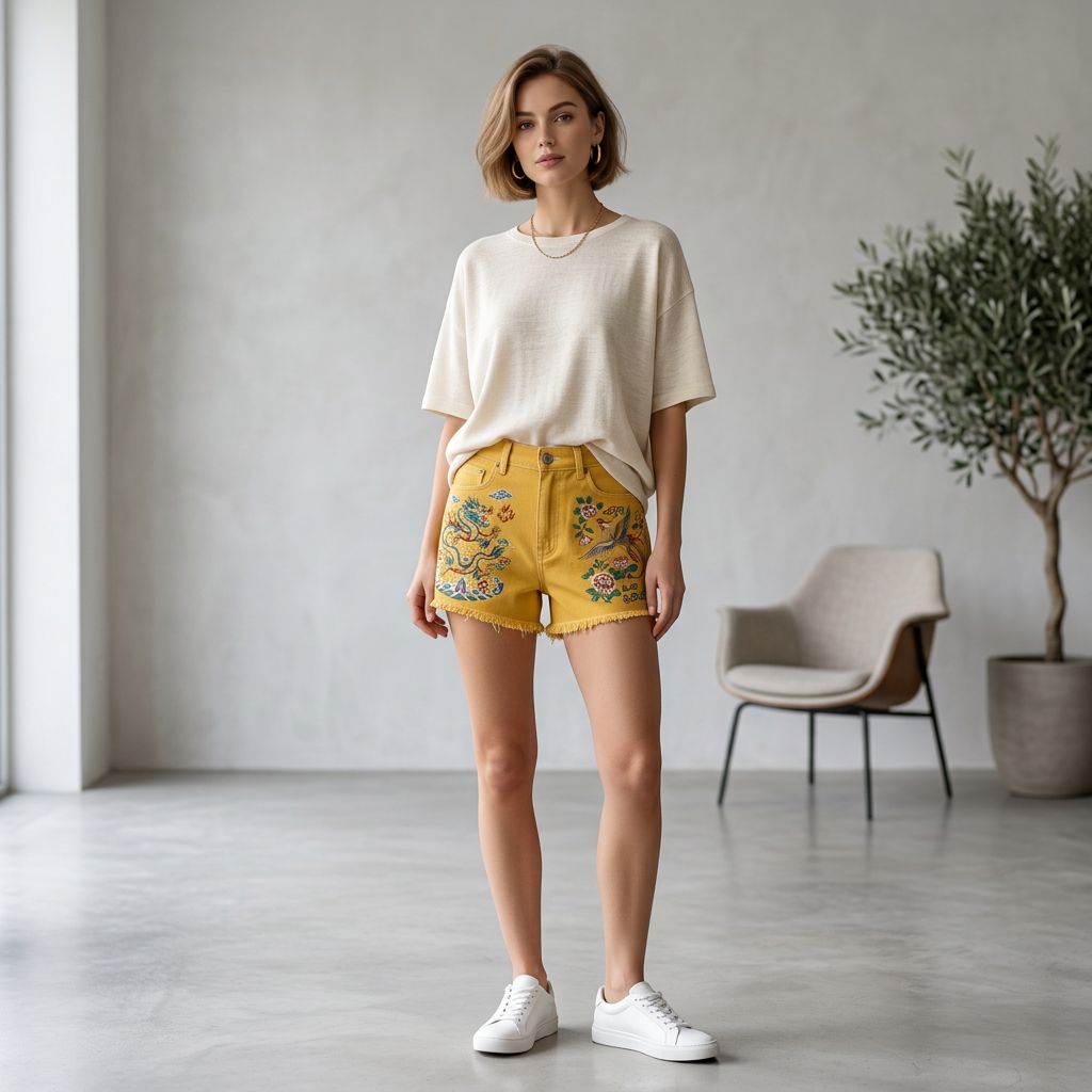 Dragon and Phoenix Floral Embroidery Frayed-Hem Denim Shorts