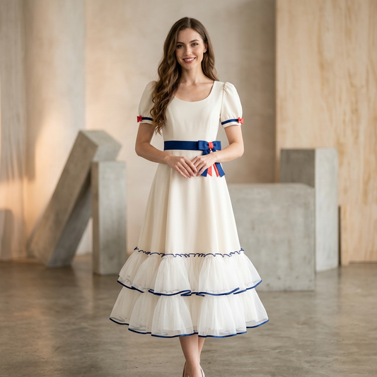 Scoop-Neck Puff Sleeve Dress with Navy Trim Ruffle Skirt