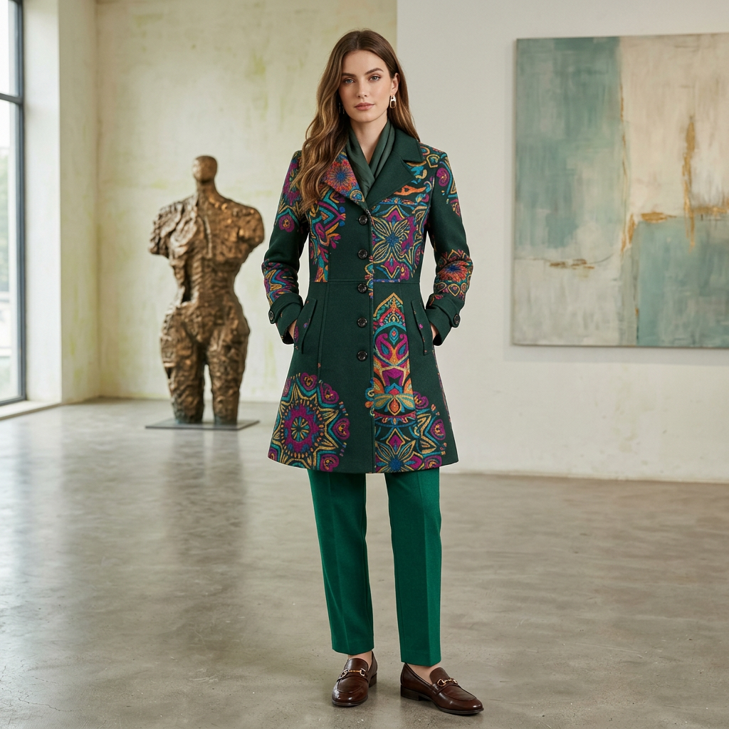 Forest Green Mandala Print Button-Front Coat (Longline)