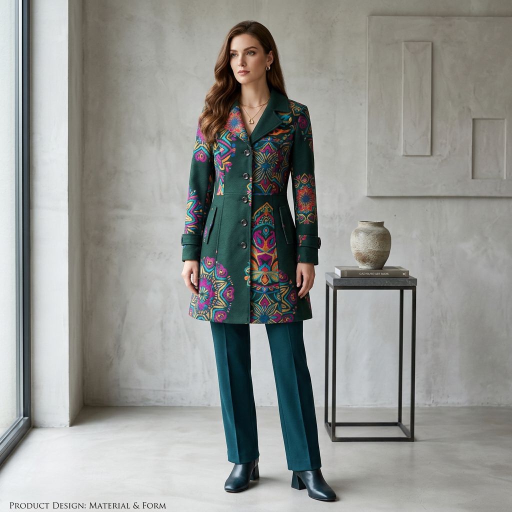 Forest Green Mandala Print Button-Front Coat (Longline)