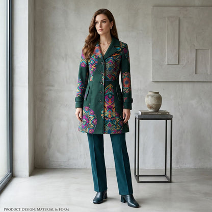 Forest Green Mandala Print Button-Front Coat (Longline)