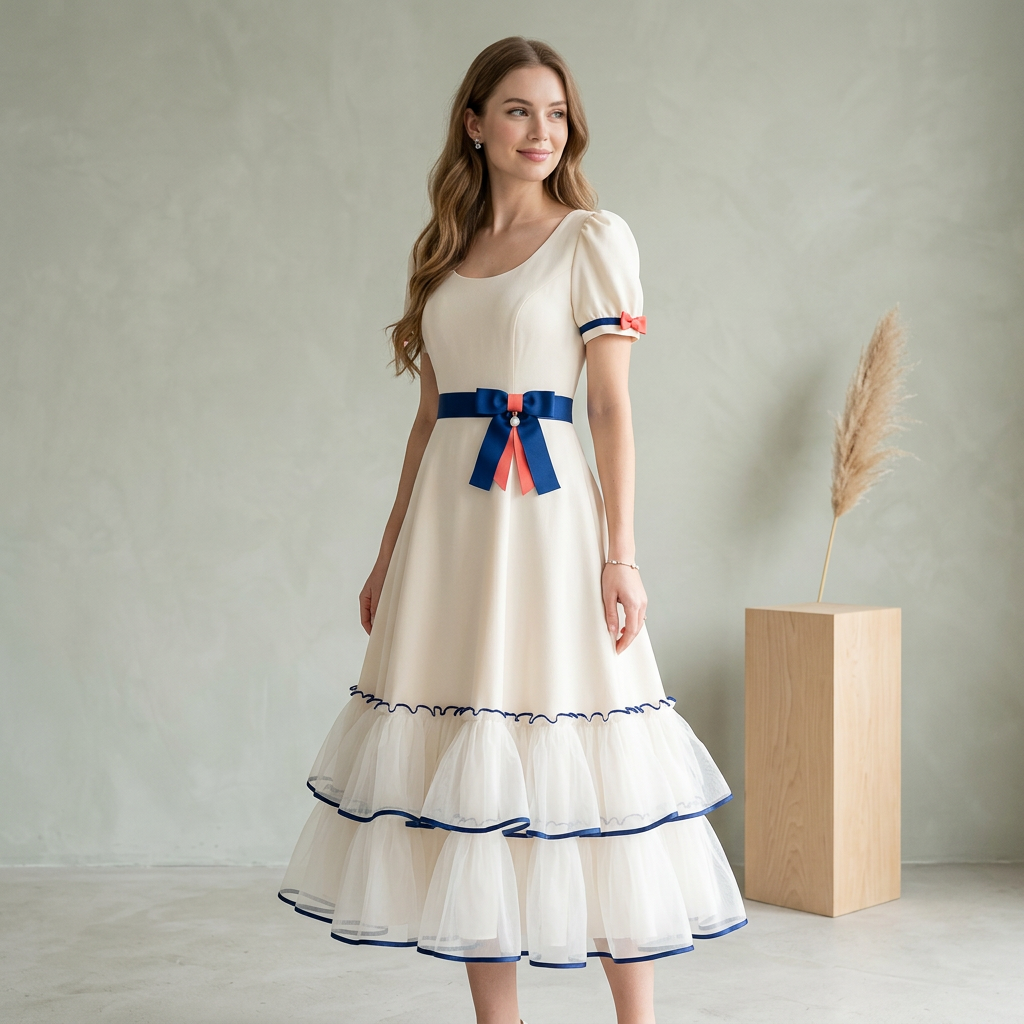 Scoop-Neck Puff Sleeve Dress with Navy Trim Ruffle Skirt