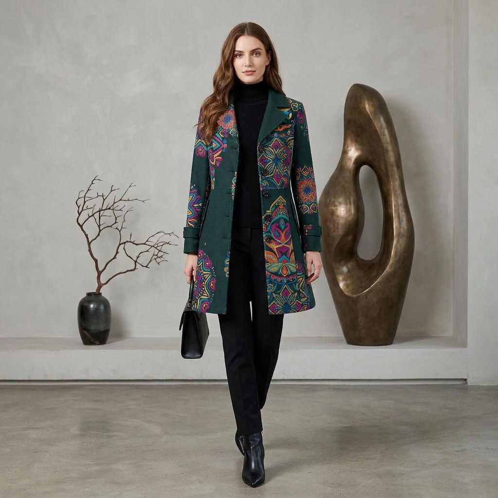 Forest Green Mandala Print Button-Front Coat (Longline)