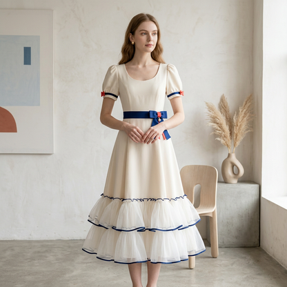 Scoop-Neck Puff Sleeve Dress with Navy Trim Ruffle Skirt