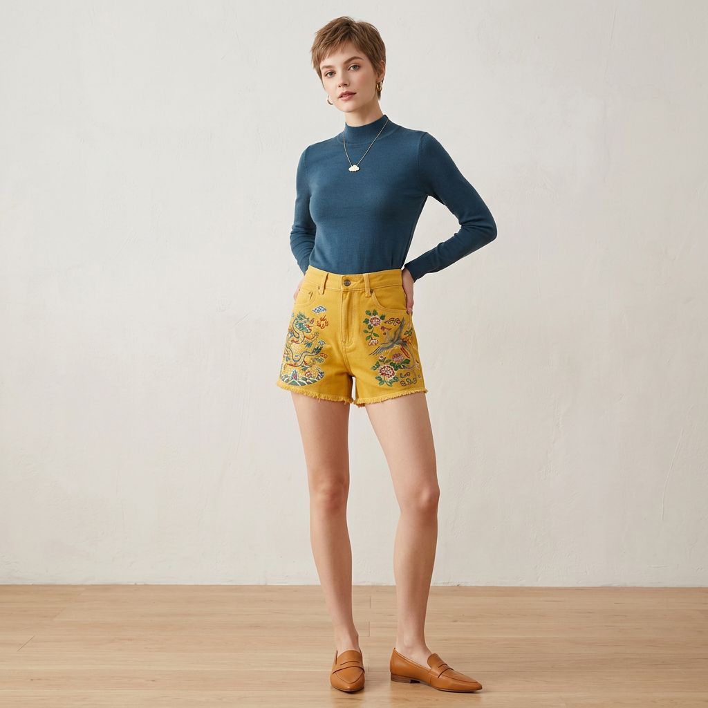 Dragon and Phoenix Floral Embroidery Frayed-Hem Denim Shorts