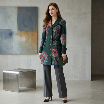 Forest Green Mandala Print Button-Front Coat (Longline)