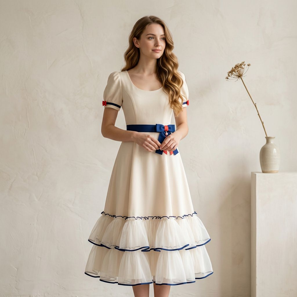 Scoop-Neck Puff Sleeve Dress with Navy Trim Ruffle Skirt