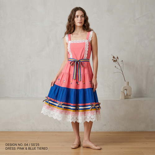 Square-Neck Lace Panel Suspender Dress with Bow Details