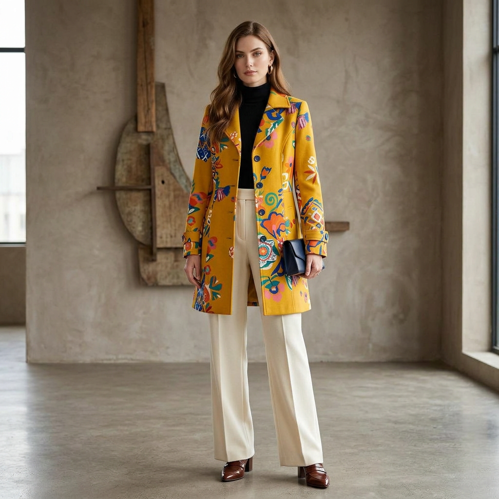 Mustard Yellow Floral Print Longline Coat with Lapel Collar