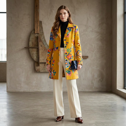 Mustard Yellow Floral Print Longline Coat with Lapel Collar