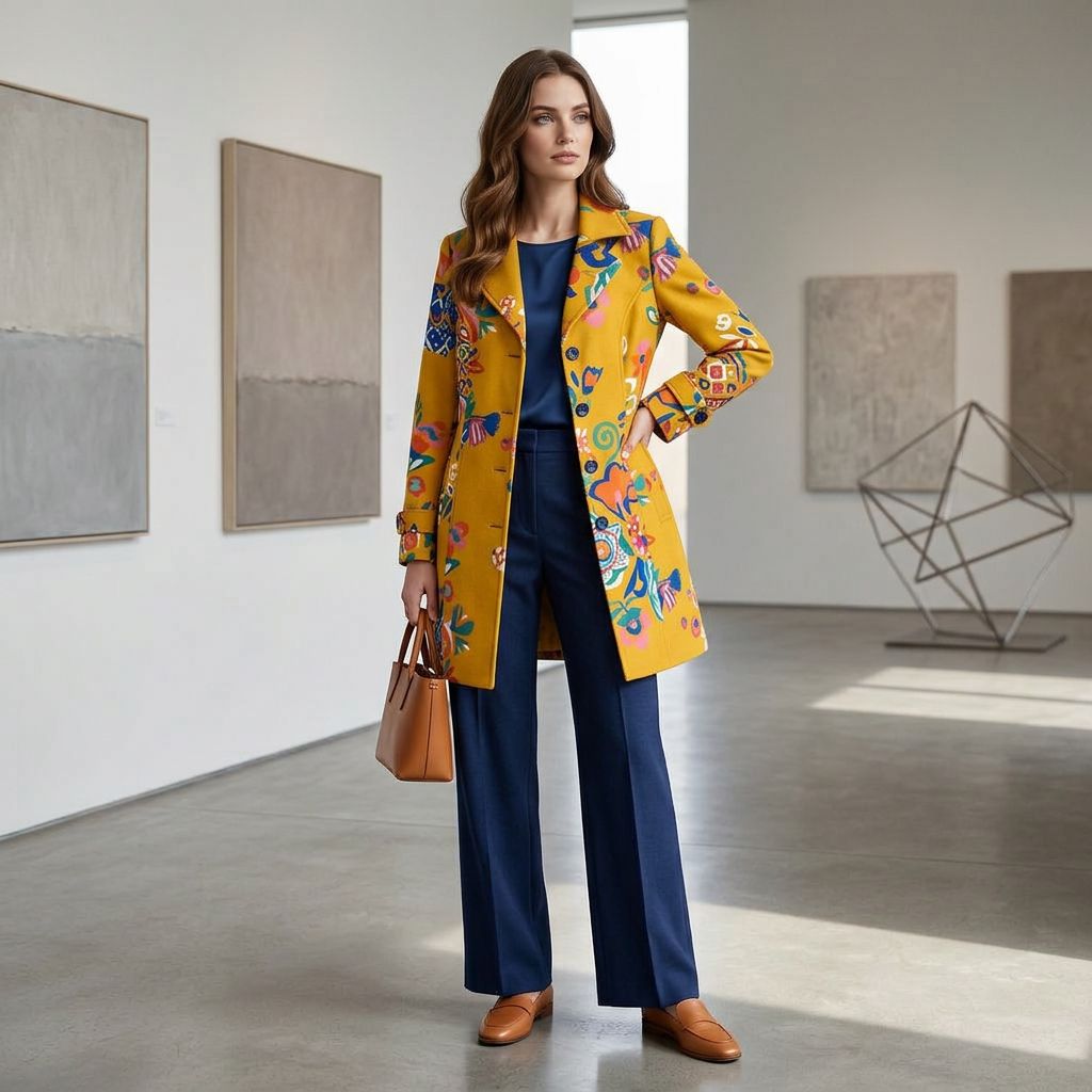 Mustard Yellow Floral Print Longline Coat with Lapel Collar