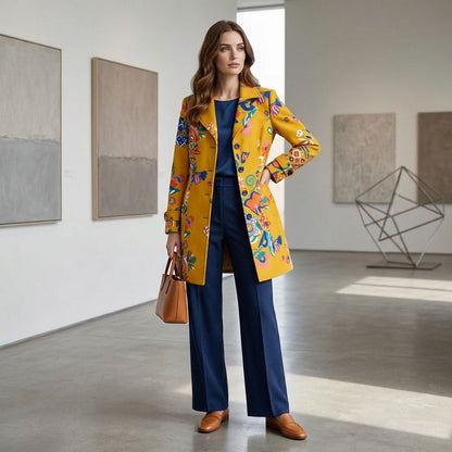 Mustard Yellow Floral Print Longline Coat with Lapel Collar
