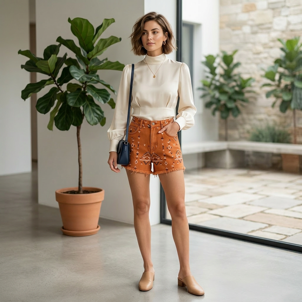 Burnt Orange Geometric Print Frayed Denim Shorts