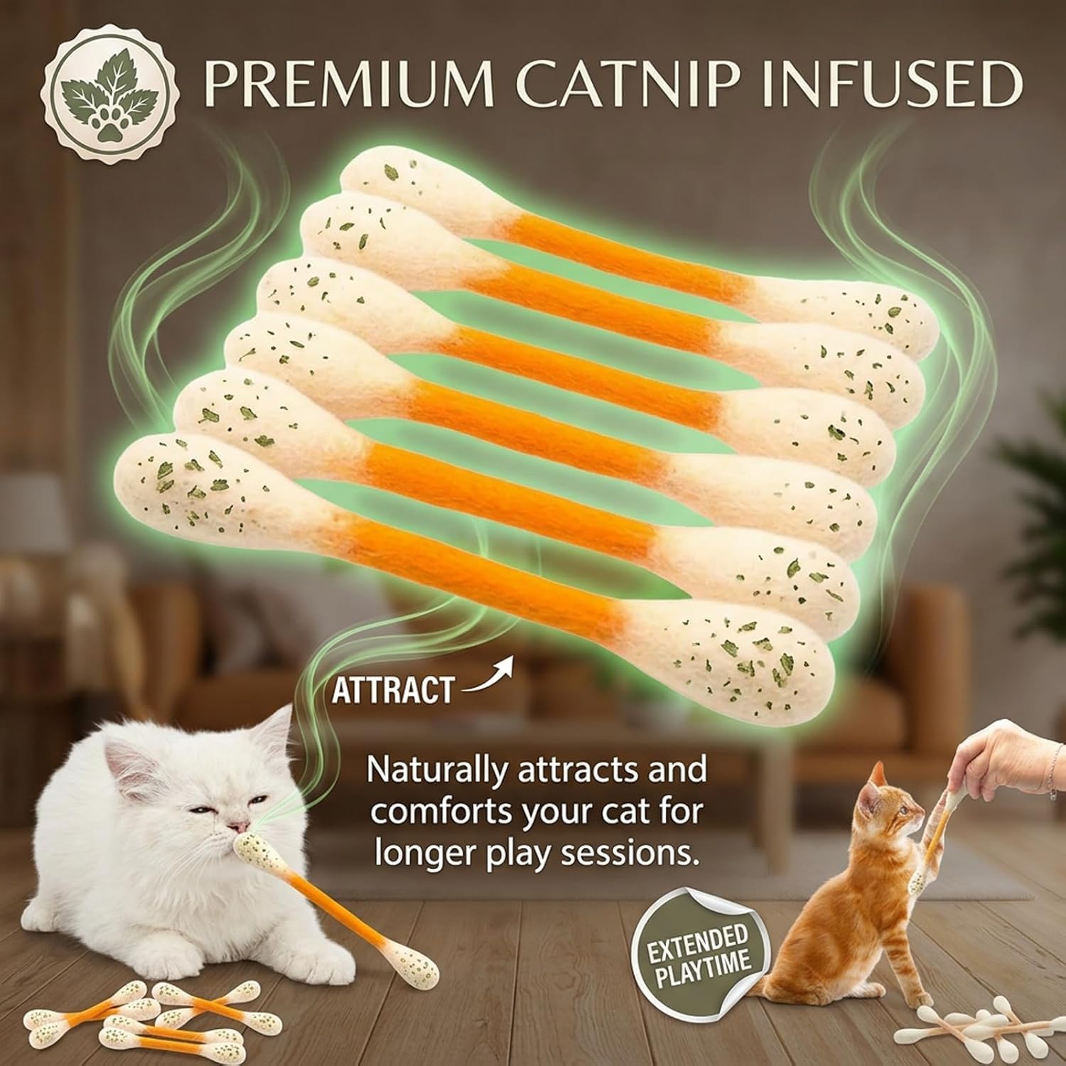Indoor cat playing with a large colorful swab toy