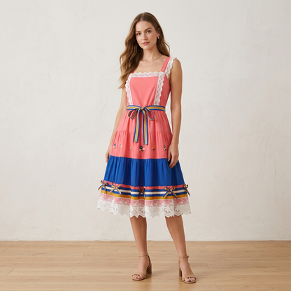 Square-Neck Lace Panel Suspender Dress with Bow Details