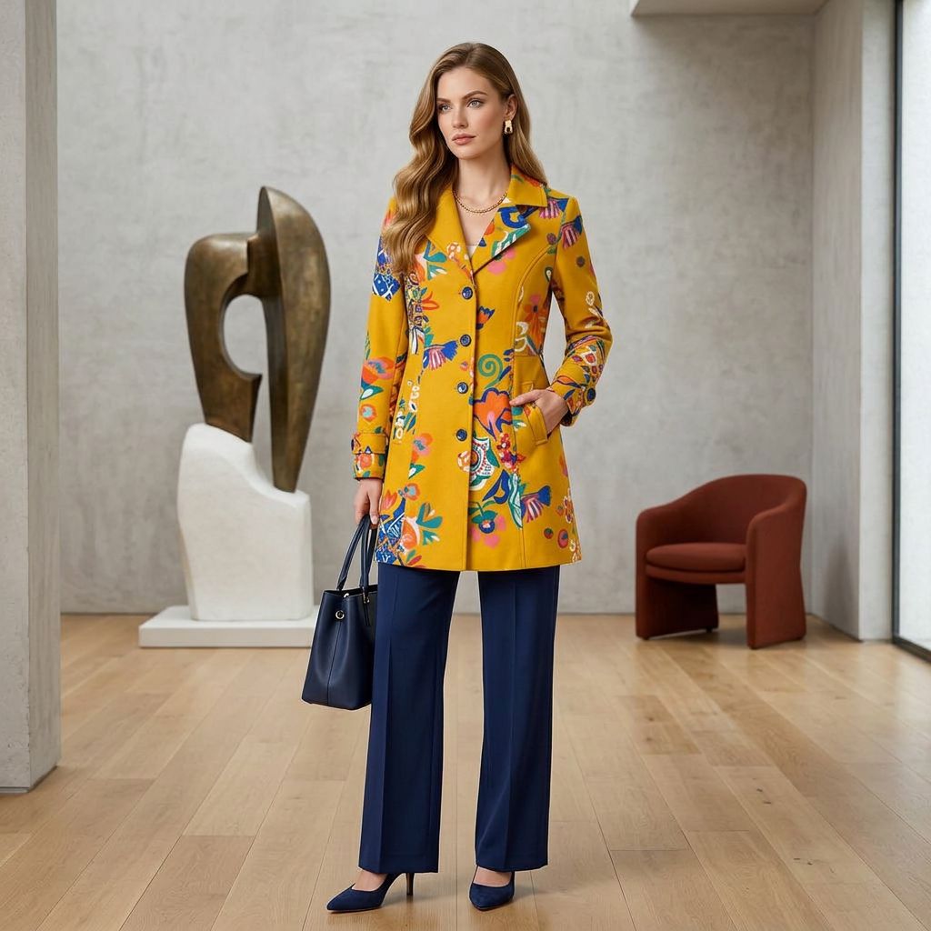 Mustard Yellow Floral Print Longline Coat with Lapel Collar