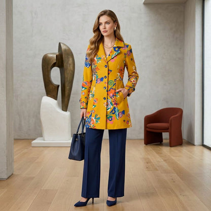 Mustard Yellow Floral Print Longline Coat with Lapel Collar