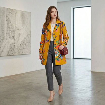 Mustard Yellow Floral Print Longline Coat with Lapel Collar