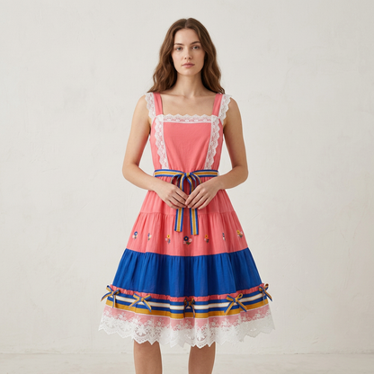 Square-Neck Lace Panel Suspender Dress with Bow Details