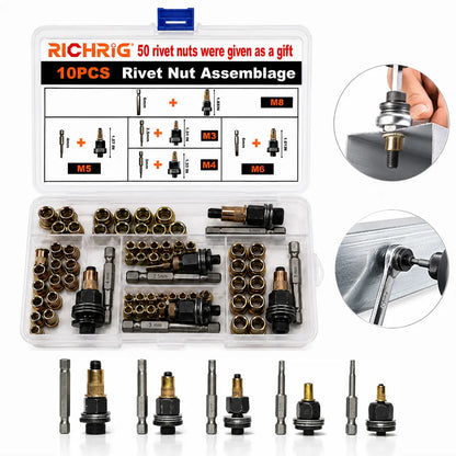 Head Rivet Nut Tool, M3 M4 M5 M6 M8 Rivnut Kit, Carbon Steel Rivnut Set