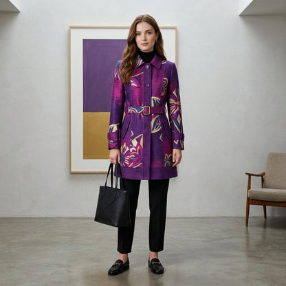 Artisan Print Purple A-Line Coat with Lapel Collar