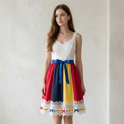 Lace Bodice Colorblock Cami Dress with Satin Bow Belt