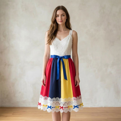 Lace Bodice Colorblock Cami Dress with Satin Bow Belt