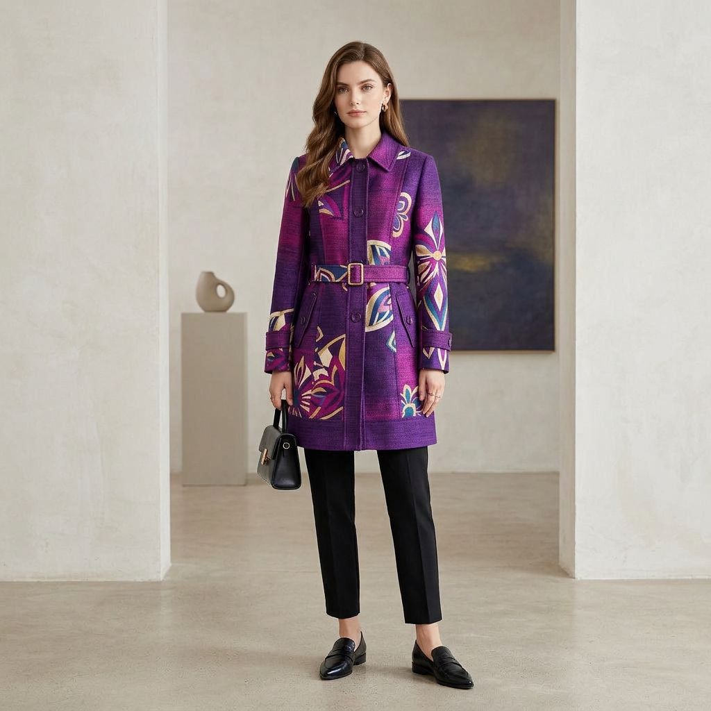 Artisan Print Purple A-Line Coat with Lapel Collar