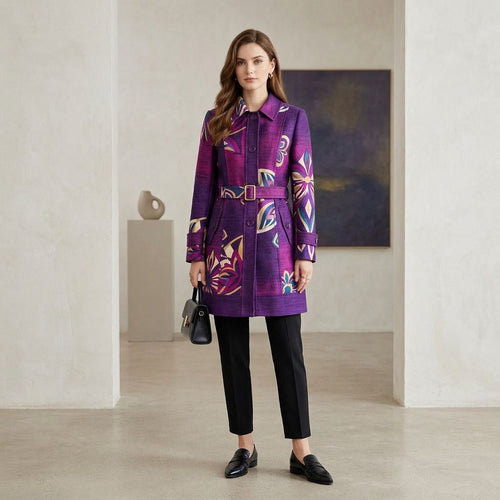 Artisan Print Purple A-Line Coat with Lapel Collar