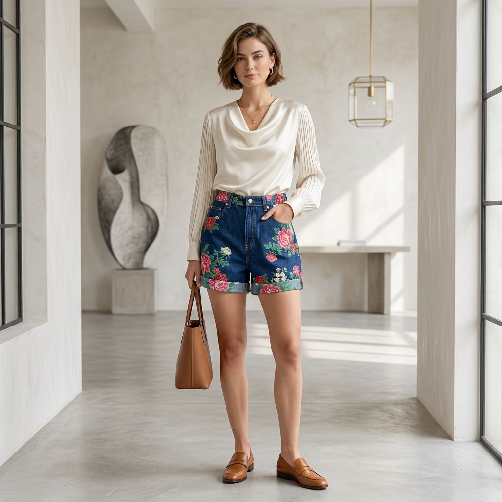 Indigo Floral Printed Rolled-Hem Jean Shorts