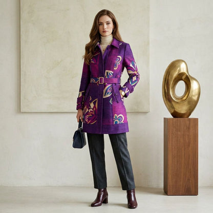 Artisan Print Purple A-Line Coat with Lapel Collar