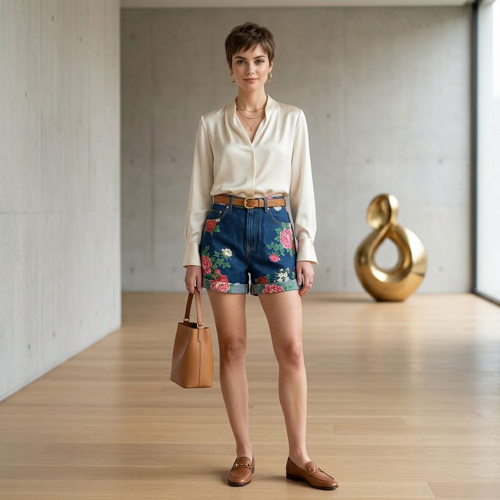Indigo Floral Printed Rolled-Hem Jean Shorts