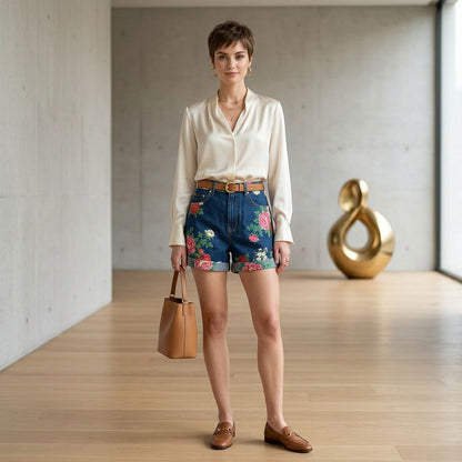 Indigo Floral Printed Rolled-Hem Jean Shorts