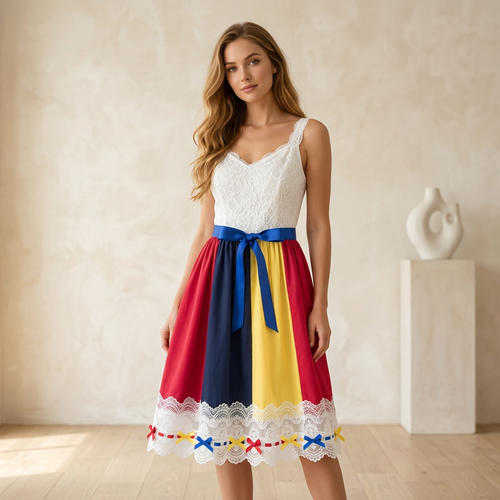 Lace Bodice Colorblock Cami Dress with Satin Bow Belt