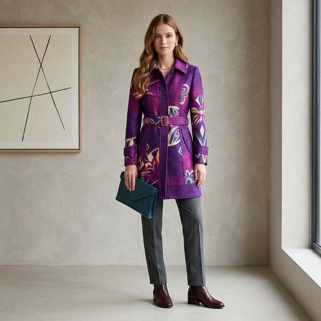 Artisan Print Purple A-Line Coat with Lapel Collar