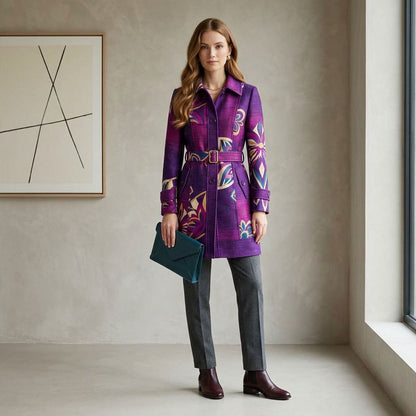 Artisan Print Purple A-Line Coat with Lapel Collar