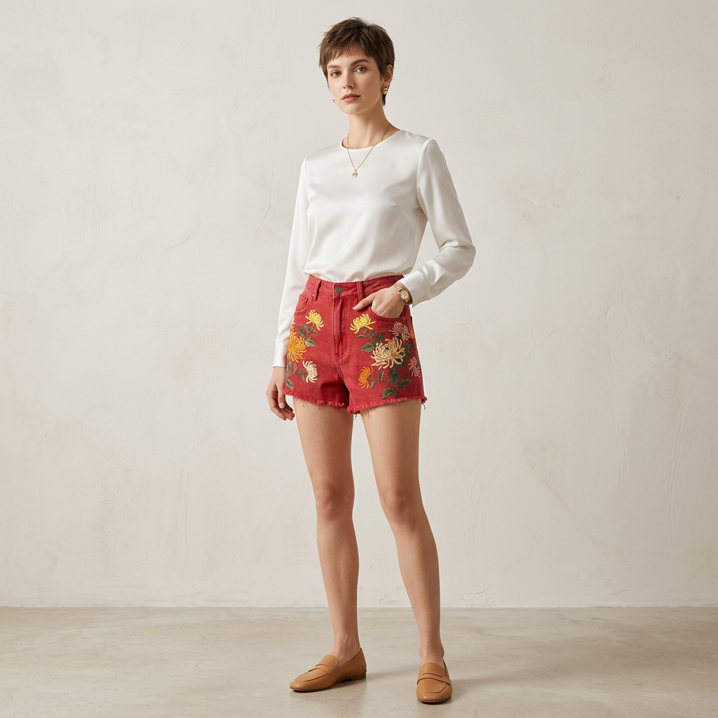 Washed Red Floral Embroidery Cut-Off Jean Shorts