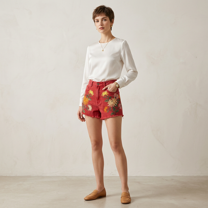 Washed Red Floral Embroidery Cut-Off Jean Shorts