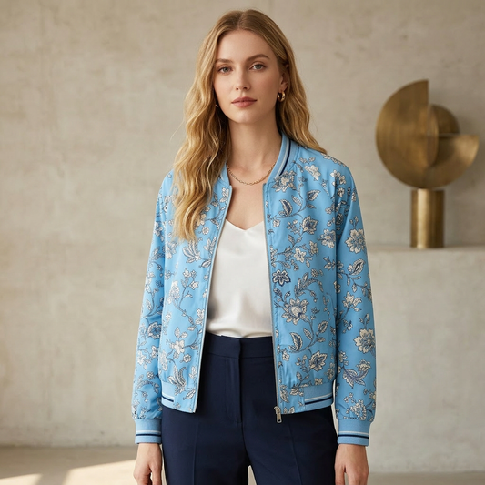 Vintage-Inspired Blue Floral Zip-Up Baseball Jacket